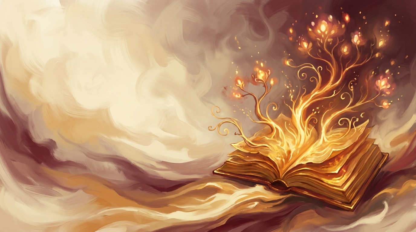 Painterly open book with luminous golden branches growing from its pages