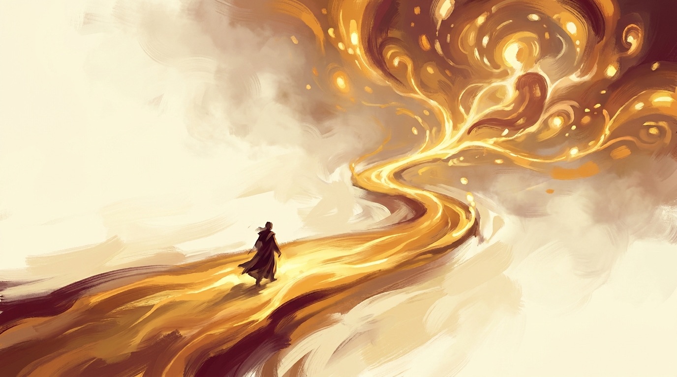 A solitary figure walking a glowing golden path that branches into luminous tendrils above